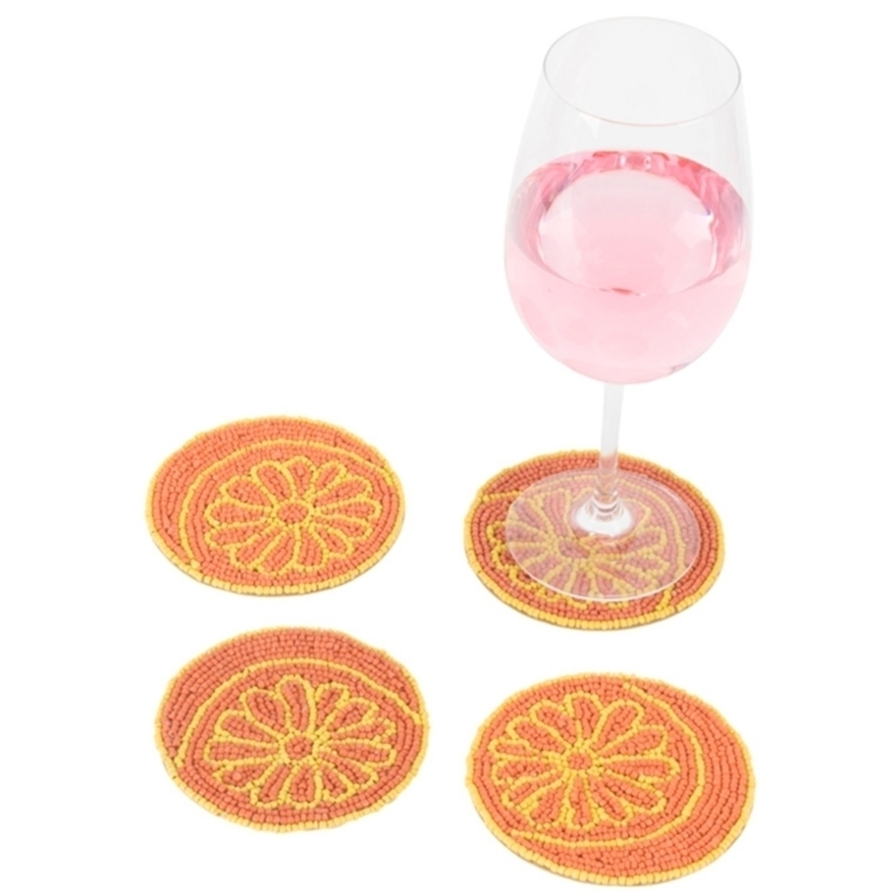 CLOUD9 DESIGN Orange Shaped Yellow‎ Hand Beaded Glass Coasters Set of 4